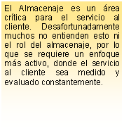 Cuadro de texto: El Almacenaje es un rea crtica para el servicio al cliente. Desafortunadamente muchos no entienden esto ni el rol del almacenaje, por lo que se requiere un enfoque ms activo, donde el servicio al cliente sea medido y evaluado constantemente.